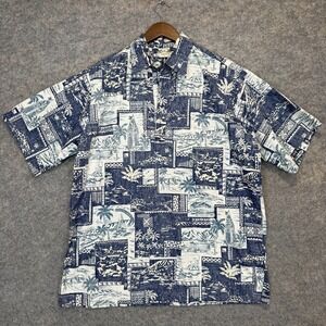 VTG Go Barefoot Hawaiian Aloha Shirt Mens Large 1/4 Button Patchwork Beach Surf